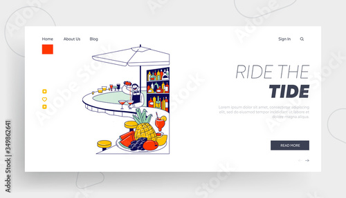 Bar in Hotel, Resort, Night Club Recreation, Party Landing Page Template. Barista Male Character Pouring Alcohol Drink to Wineglass Making Cocktail in Swimming Pool. Linear Vector Illustration