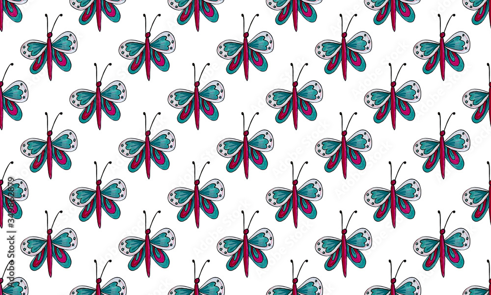 Seamless pattern with hand drawn butterflies. Hand drawn illustration of pretty insect with big beautiful wings. Natural design