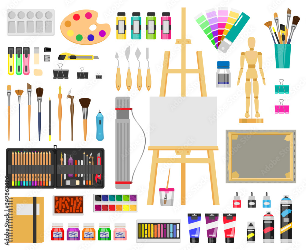 Paint art tools. Artistic supplies, painting and drawing materials,  brushes, paints, easel, creative art tools vector illustration icons set.  Paint drawing brush, education artistic tool Stock Vector