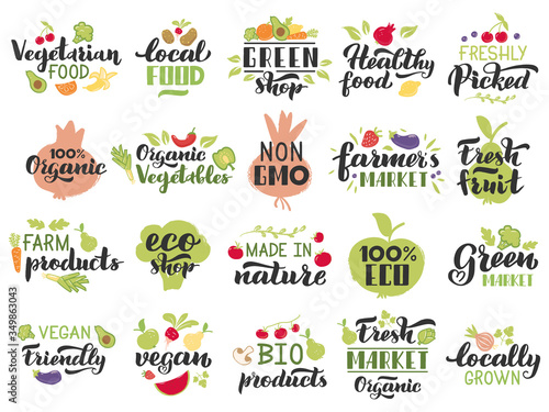 Organic fruits and veggies labels. Vegetarian fruits, vegetables lettering badges, fresh eco market vegan menu stamp isolated vector icons set. Vegetarian badge, logo vegan bio product illustration