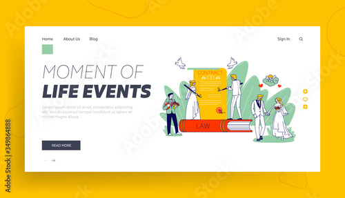 Marriage Contract Signing Landing Page Template. Happy Couple Getting Married. Wife and Husband, Groom and Bride Characters Wedding Registration. Engagement Ceremony. Linear People Vector Illustration