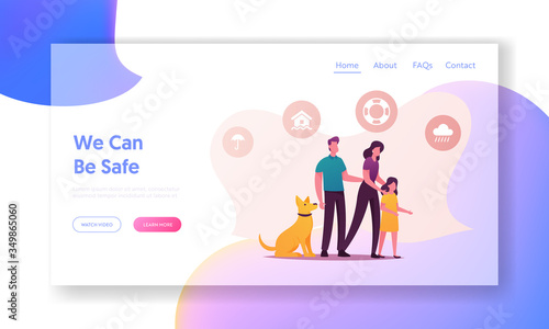 Family Characters Need Help during Flood Landing Page Template. Mother, Father, Little Girl and Dog, Icons of Umbrella, Raining Cloud, Lifebuoy and House in Water. Cartoon People Vector Illustration
