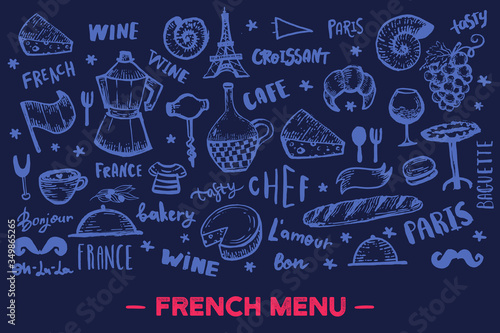 French banner design, france pattern frame on chalkboard, doodle hand drawn croissant, paris decoration, cafe banner