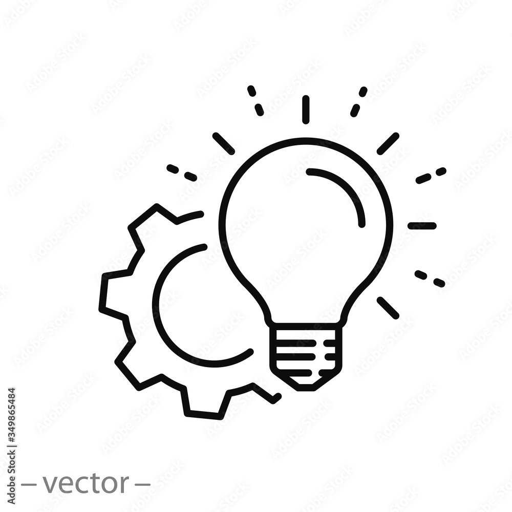 light bulb with gear mechanism, solution idea vector icon, concept of spreading innovation, thin line symbol on white background light bulb with gear mechanism, solution idea vector icon, concept of spreading innovation, thin line symbol on white background