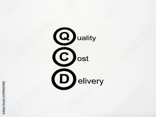 QCD concept image.(Quality,Cost,Delivery text on white background.) photo
