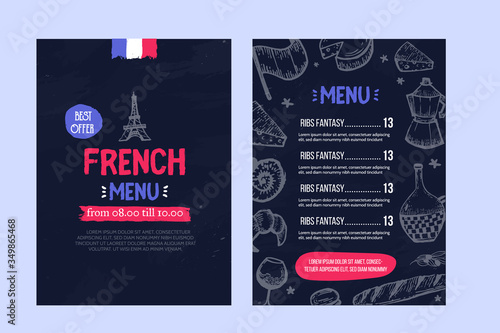 French bakery menu design on chalkboard, france frame, doodle hand drawn croissant, paris decoration, cafe banner