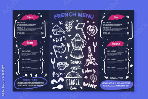 French bakery menu design on chalkboard, france frame, doodle hand drawn croissant, paris decoration, cafe banner