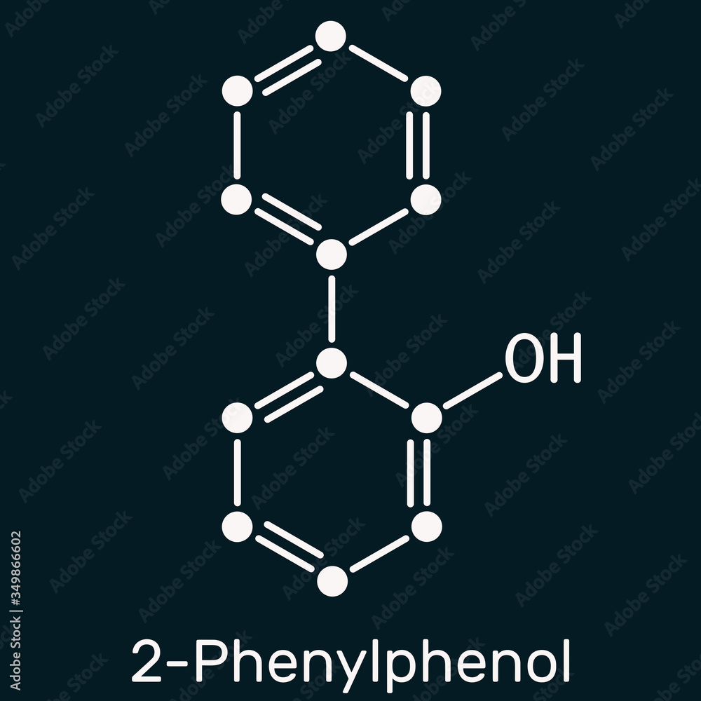 2-Phenylphenol, biphenylol, orthophenyl, C12H10O molecule. It is an antifungal agent and preservative with E number E231. Skeletal chemical formula on the dark blue background 2-Phenylphenol, biphenylol, orthophenyl, C12H10O molecule. It is an antifungal agent and preservative with E number E231. Skeletal chemical formula on the dark blue background