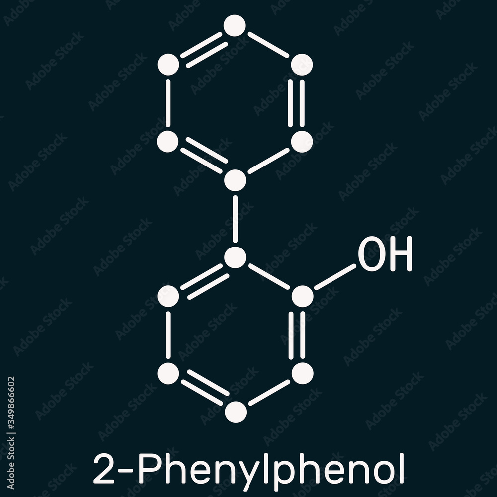 2-Phenylphenol, biphenylol, orthophenyl, C12H10O molecule. It is an antifungal agent and preservative with E number E231. Skeletal chemical formula on the dark blue background