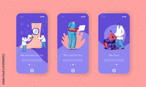 Podiatry, Vein Thrombosis Mobile App Page Onboard Screen Template. Tiny Doctor Podiatrist Characters Examine Foot Disease. Pathology and Illness Treatment Concept. Cartoon People Vector Illustration