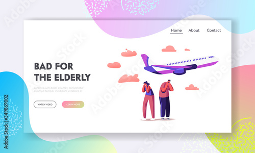 Characters Suffering of Noise Pollution Landing Page Template. Big City Stress, Dwellers Covering Ears to Stop Hearing Loud Sounds Made by Take Off Airplane. Cartoon People Vector Illustration