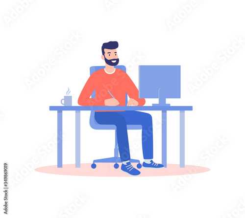 A man working from home at a computer, the concept of remote work, freelancing, self-isolation. Vector illustration in flat style.
