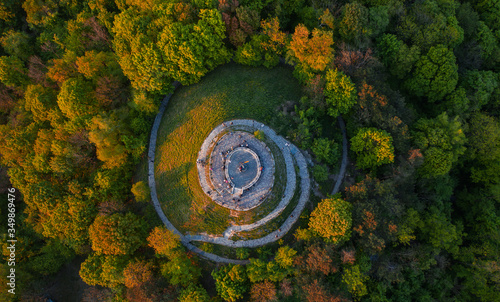 Aerial view on Union of Lublin Mound in High Castle Mountain in Lviv, Ukraine from drone