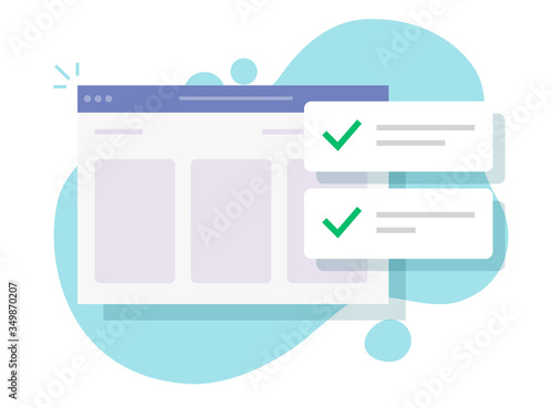 Website update check notification messages with checkmarks or web site page with completed test checklist with ticks vector flat cartoon, illustrated internet browser with done list modern image