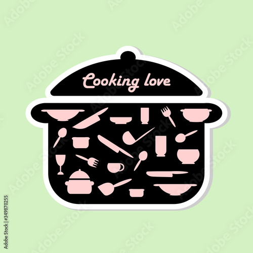 Cooking, kitchen sticker. Kitchen utensils icon or logo. Lettering Cooking love. Vector illustration