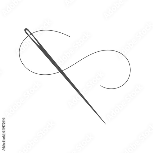 Needle and thread silhouette icon vector illustration. Tailor logo with needle symbol and curvy thread isolated on white background. Tailor sign template, sewing instrument design, fashion icon