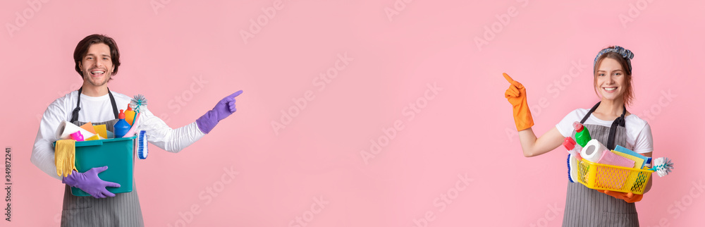 Smiling Couple Holding Household Supplies, Pointing At Copy Space In Middle Smiling Couple Holding Household Supplies, Pointing At Copy Space In Middle