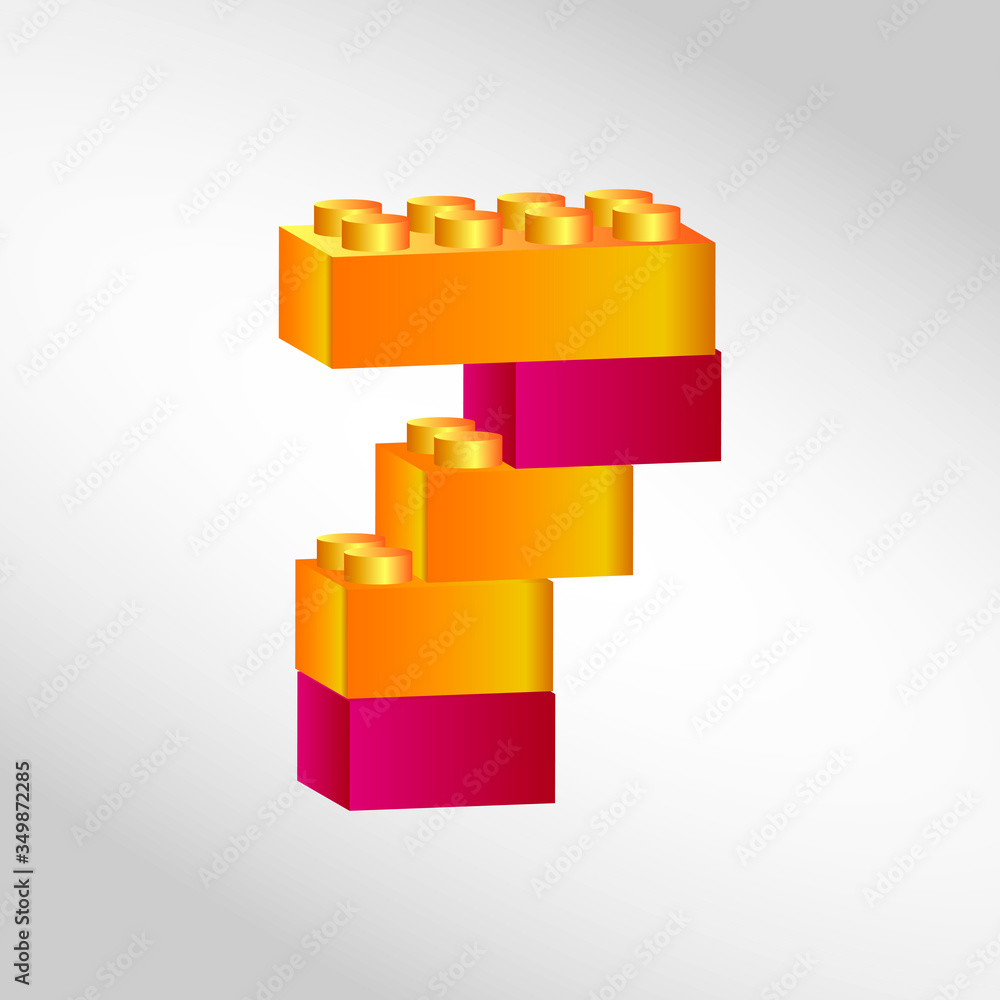 Number seven. Plastic building blocks isolated on a white background. Numbers built from сolored plastic bricks.