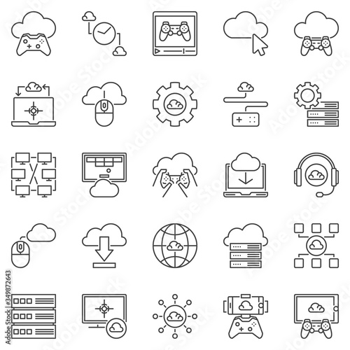Cloud Gaming outline icons set - vector gaming on demand concept linear symbols collection