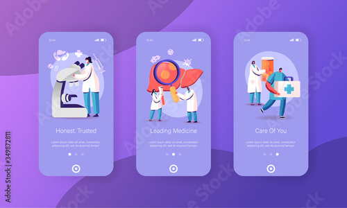 Hepatitis, Cirrhosis Mobile App Page Onboard Screen Template. Tiny Doctors Characters Care of Patient Diseased Liver, Health Care Cancer Awareness Treatment Concept. Cartoon People Vector Illustration