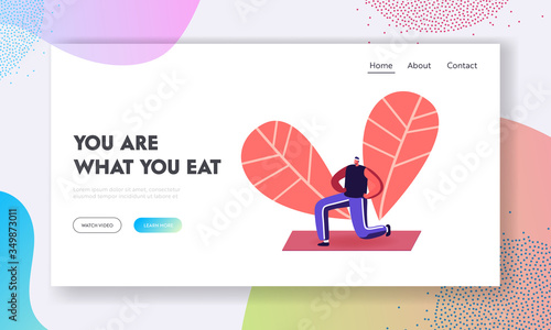 Sport Life Activity Landing Page Template. Healthy Man Doing Yoga Asana or Aerobics Exercise in City Park. Male Character Healthy Lifestyle, Diet Healthy Nutrition. Cartoon People Vector Illustration