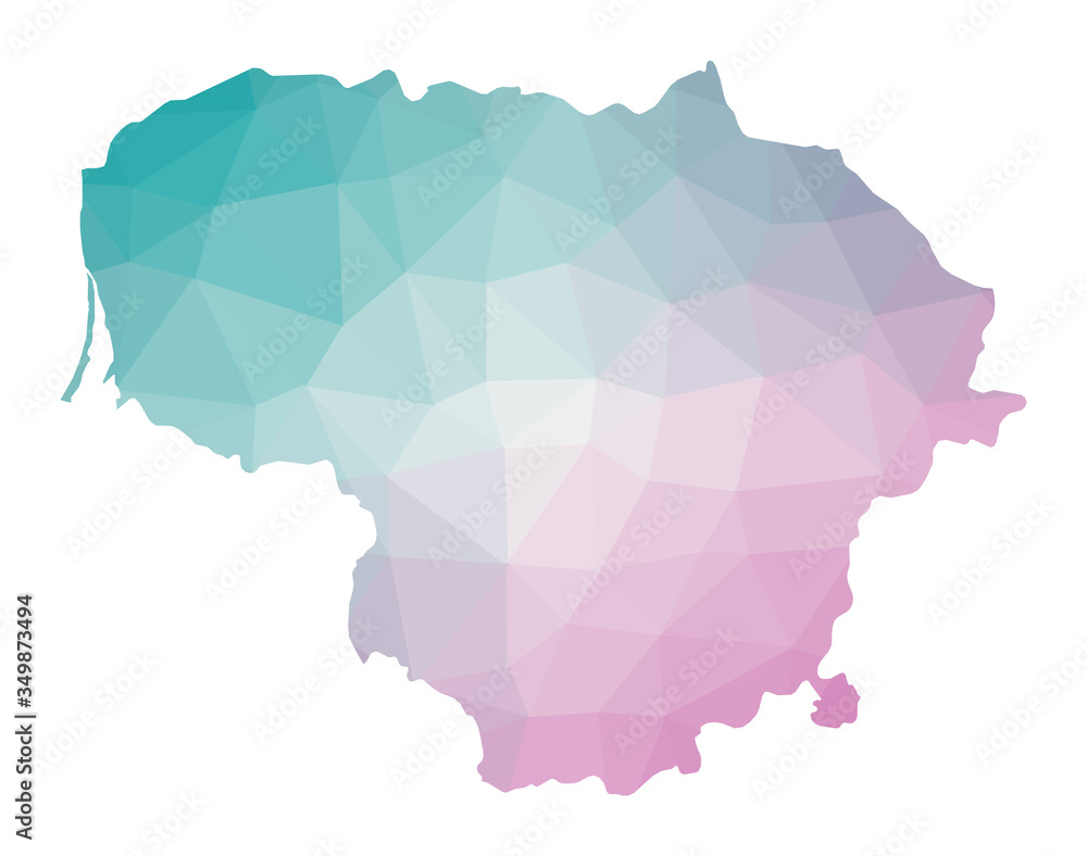 Polygonal map of Lithuania. Geometric illustration of the country in emerald amethyst colors. Lithuania map in low poly style. Technology, internet, network concept. Vector illustration. Polygonal map of Lithuania. Geometric illustration of the country in emerald amethyst colors. Lithuania map in low poly style. Technology, internet, network concept. Vector illustration.