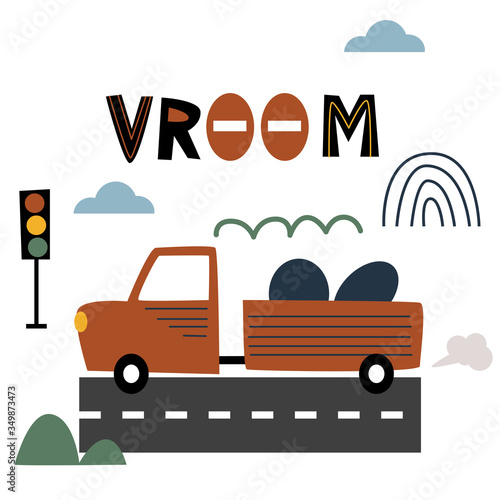 poster with car for baby boy - vector illustration, eps