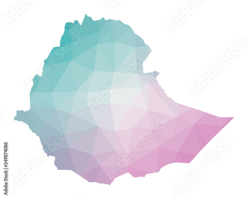 Polygonal map of Ethiopia. Geometric illustration of the country in emerald amethyst colors. Ethiopia map in low poly style. Technology, internet, network concept. Vector illustration.