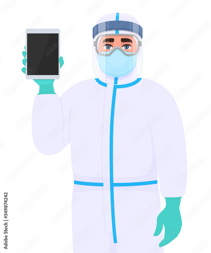 Person in safety protection suit, medical mask, glasses and face shield showing tablet computer. Doctor or physician holding digital gadget. Surgeon wearing personal protective equipment (PPE). Vector
