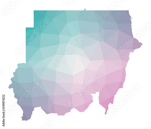 Polygonal map of Sudan. Geometric illustration of the country in emerald amethyst colors. Sudan map in low poly style. Technology, internet, network concept. Vector illustration.