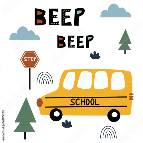 poster with yellow school bus - vector illustration, eps
