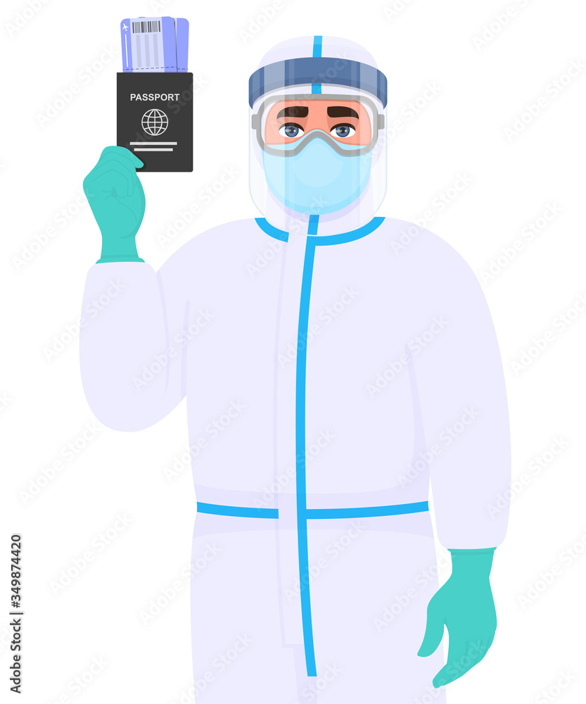 Doctor in safety protection suit uniform, mask, glasses and face shield showing passport, tickets. Person holding visa. Surgeon or physician wearing personal protective equipment dress. Vector cartoon