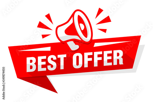 Advertising sticker best offer with red megaphone speaker. Illustration, vector