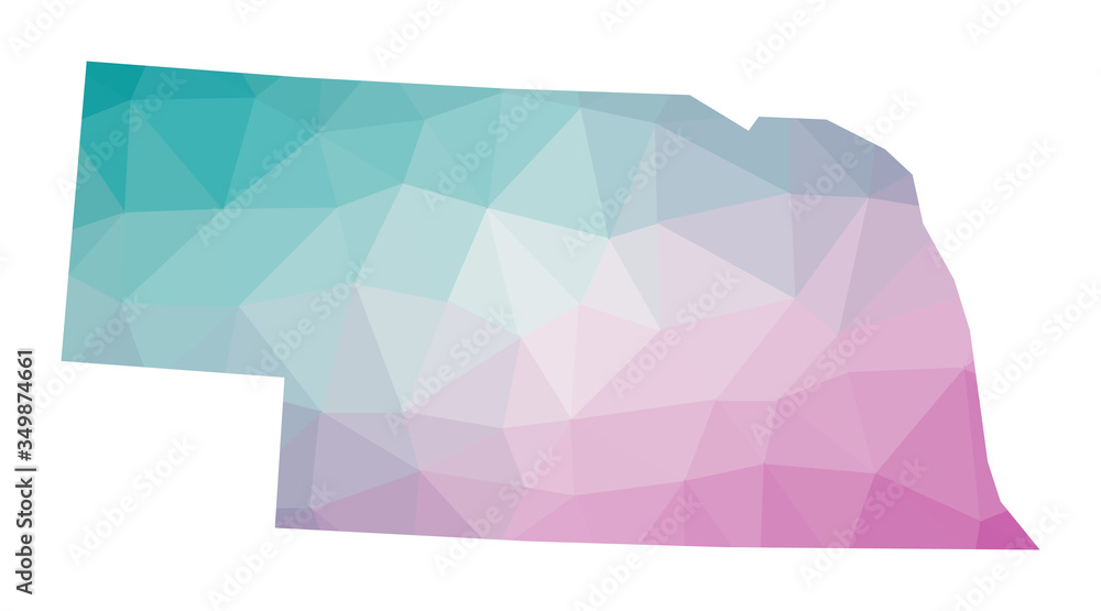 Polygonal map of Nebraska. Geometric illustration of the US state in emerald amethyst colors. Nebraska map in low poly style. Technology, internet, network concept. Vector illustration. Polygonal map of Nebraska. Geometric illustration of the US state in emerald amethyst colors. Nebraska map in low poly style. Technology, internet, network concept. Vector illustration.
