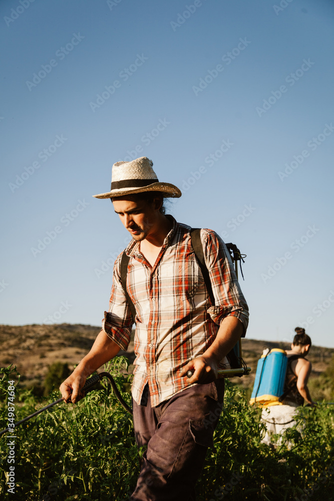 Fototapeta premium Young farmer spraying organic fertilizer with manual pump tank