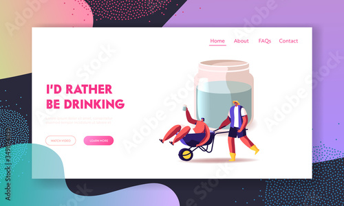 Alcohol Addiction, Home Brewing Landing Page Template. Villagers Male Characters Drinking Moonshine Have Fun. Man Pushing Wheelbarrow with his Drunk Friend inside. Cartoon People Vector Illustration