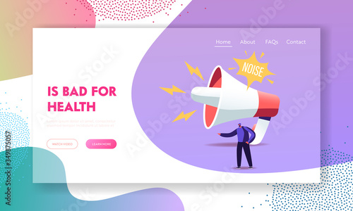 Loudspeaker Making Strong Uproar Landing Page Template. Tiny Male Character stand at Huge Megaphone Suffering of Noise Pollution Hearing Loud Sounds and Tinnitus. Cartoon People Vector Illustration