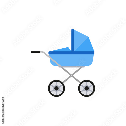 Blue baby carriage icon. Stroller icon. Vector illustration. Flat design.