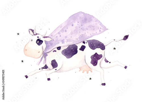 Hand drawn watercolor artwork. Painted aquarelle picture. Artist painting. A cartoon smiling purple spotted dairy cow in a raincoat flies among the stars. Children's print. Fairy creature. photo