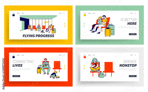 Travelling with Kids, Business Trip, Voyage Landing Page Template Set. Characters in Airport Wait Boarding. Travelers in Terminal with Flying Airplane on Background. Linear People Vector Illustration