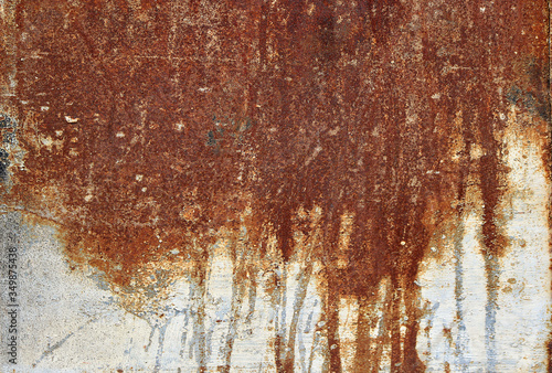 rusty surface with corrosion effect on a metal iron board with orange, brown and red colors dripping over metallic white - old oxide background with scratches