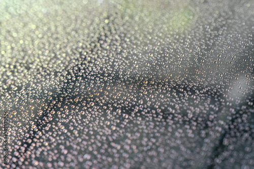 Water sticks on the car rear windscreen after washing the car. Water droplets on the glass. Abstract and Blur water droplets background.