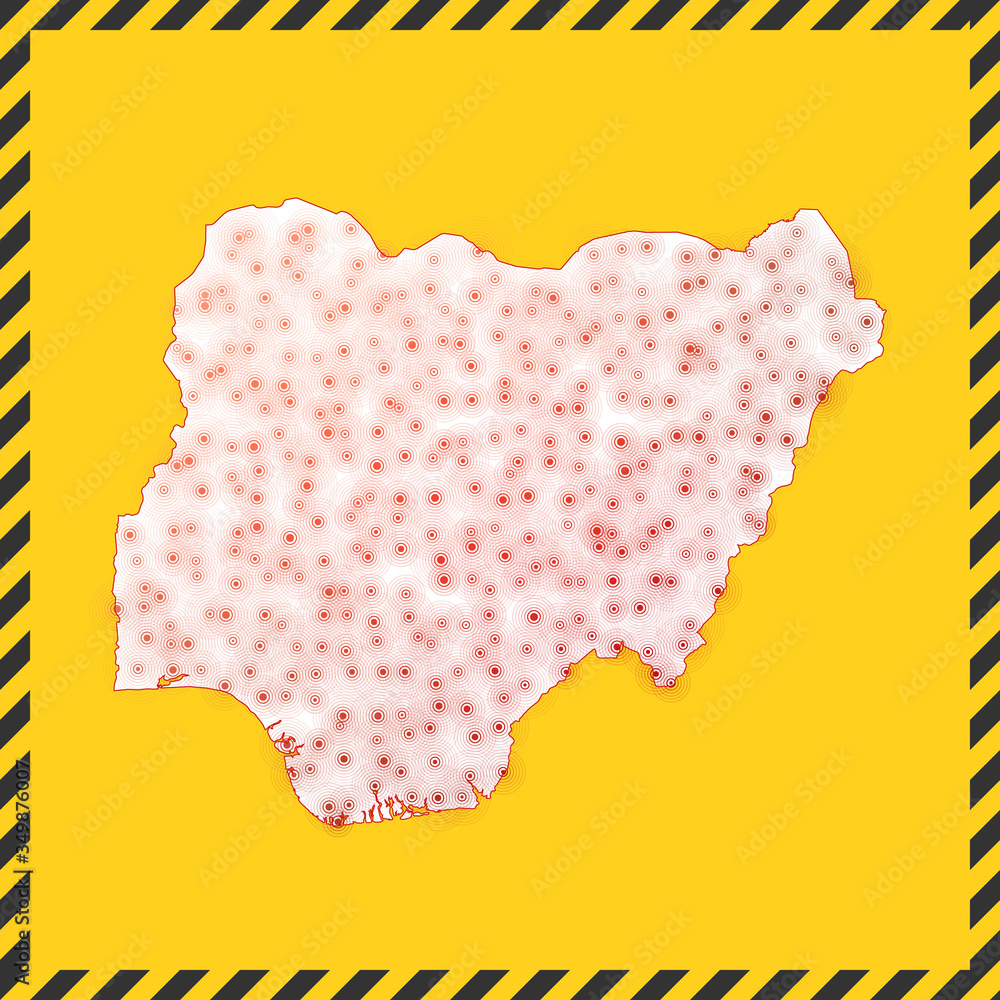 Nigeria closed - virus danger sign. Lock down country icon. Black striped border around map with virus spread concept. Vector illustration.