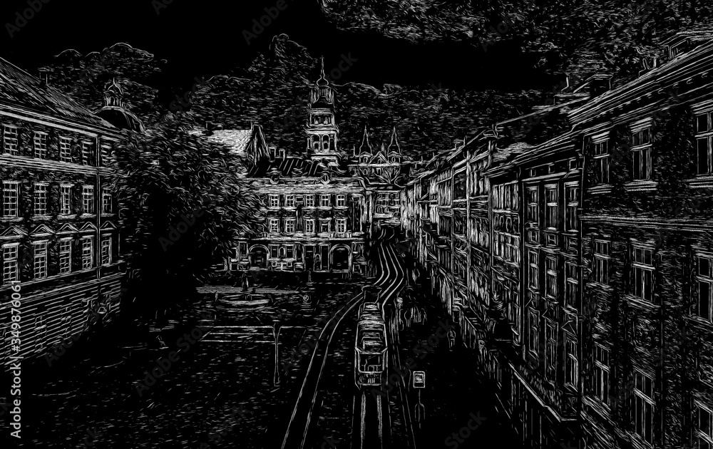 Fototapeta premium white sketch on black background, inversion. Market square, Dormition and Carmelite Church in Lviv, Ukraine