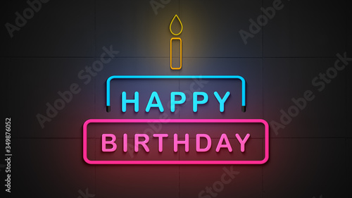 Neon sign of happy birthday logo on the wall background