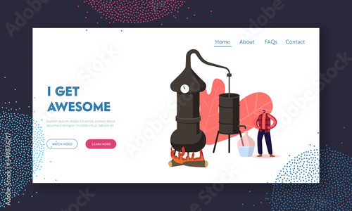 Alcohol Brewing Process in Home Conditions Landing Page Template. Tiny Male Character Cooking Homemade Moonshine in Retro Hooch Tower. Old Fashioned Method for Hootch. Cartoon Vector Illustration