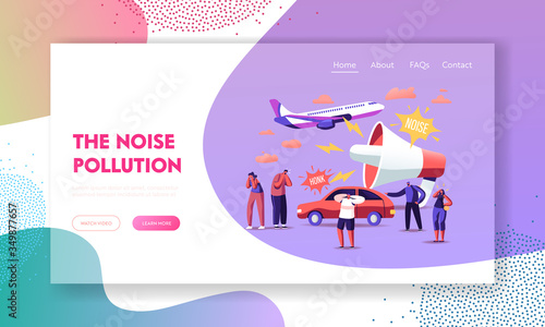Noise Pollution Landing Page Template. Tiny Characters Covering Ears to Avoid Annoying Sounds made by Transport and Huge Loudspeaker. People Suffer of Loud Noise Tinnitus. Cartoon Vector Illustration