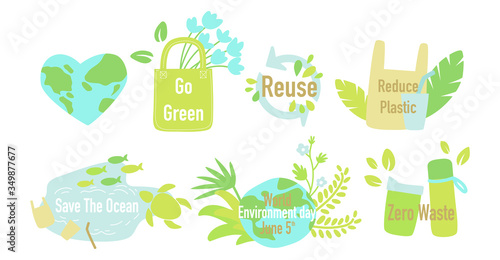 flat design set theme in concept of go green and world environment day. reduce plastic, reuse, recycle,zero waste, save the ocean.
