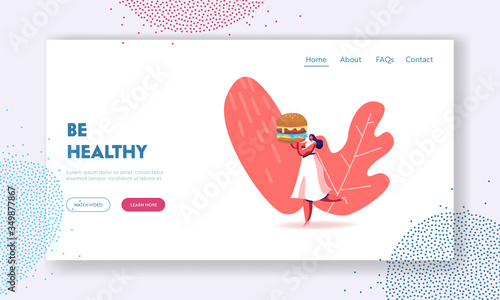 Diet Failure, Disruption Landing Page Template. Tiny Female Character Carry Huge Burger. Woman Eating Fast Food Enjoying Party, City Fest, Fastfood Festival, No Diet. Cartoon Vector Illustration