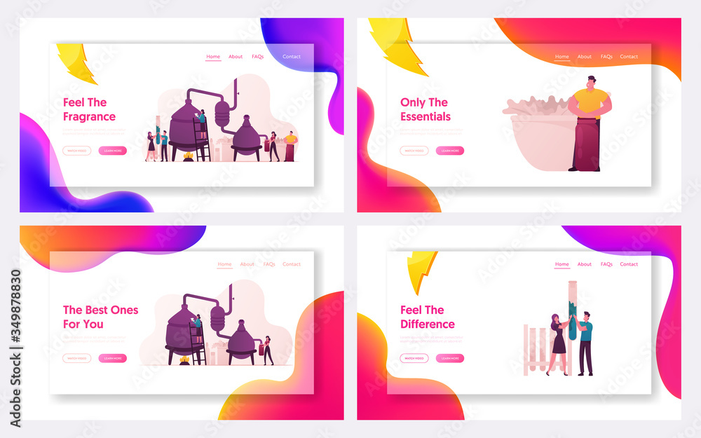 Cosmetic Perfumery Production Landing Page Template Set. Tiny Characters Create new Recipe Distilling Liquid in Apparatus for Essential Oil Extraction in Lab, Scent. Cartoon People Vector Illustration Cosmetic Perfumery Production Landing Page Template Set. Tiny Characters Create new Recipe Distilling Liquid in Apparatus for Essential Oil Extraction in Lab, Scent. Cartoon People Vector Illustration